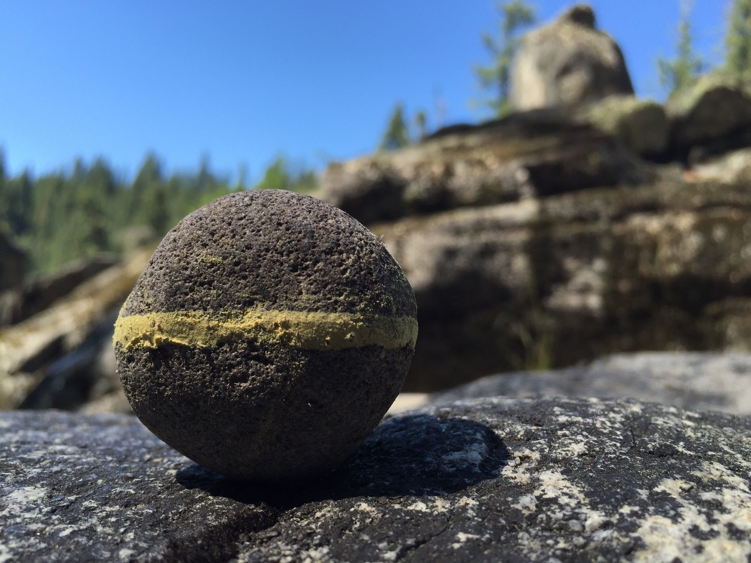 A spherical rock with a yellow patch on a rocky surface.
