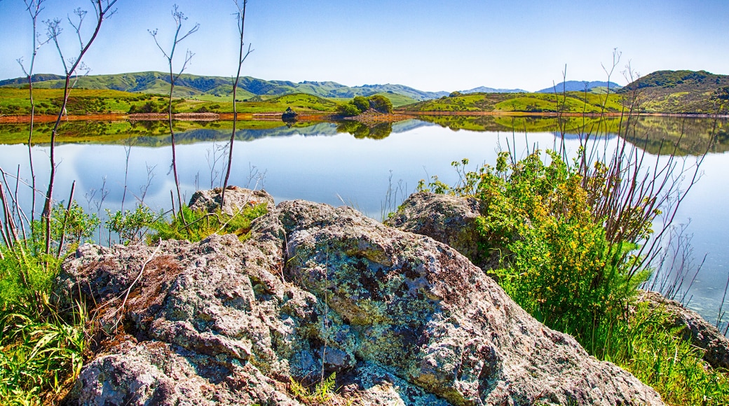 A calm lake with clear reflections, surrounded by green hills and rocky outcrops.