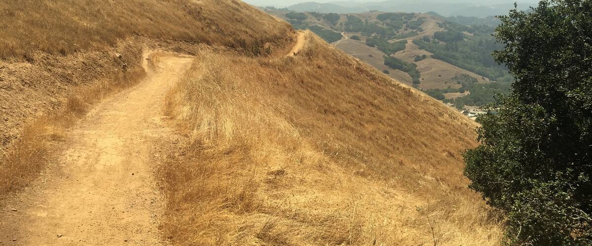 A dirt path on a dry hillside with a valley in the background.