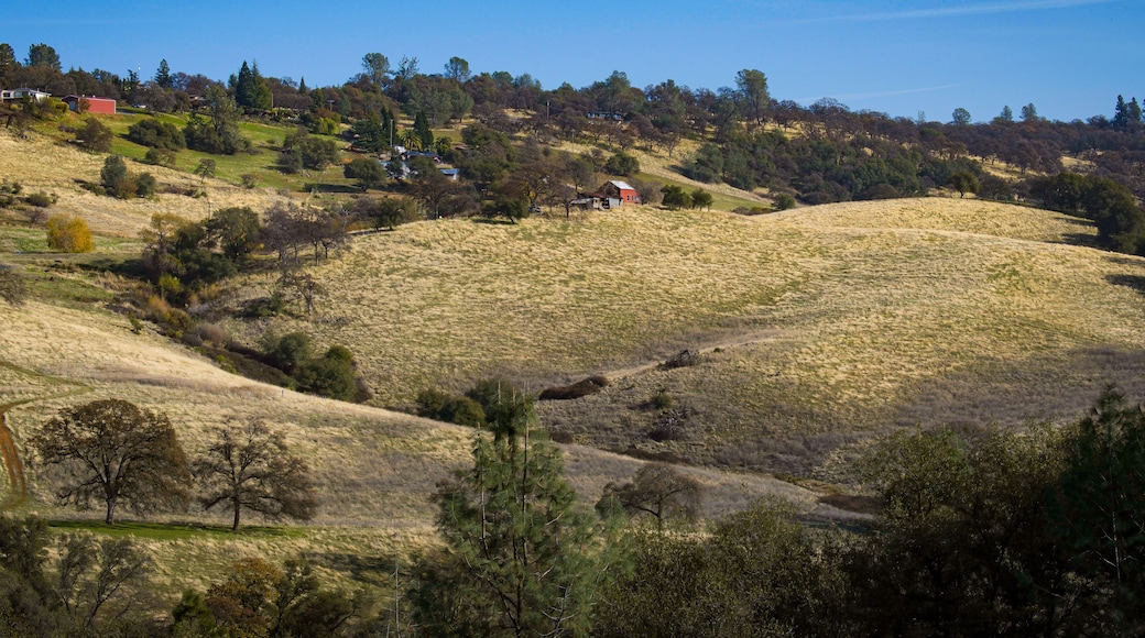 Landscape photo of hillside with red barn taken at Hidden Falls Regional Park in the Sierra Nevada Foothills.