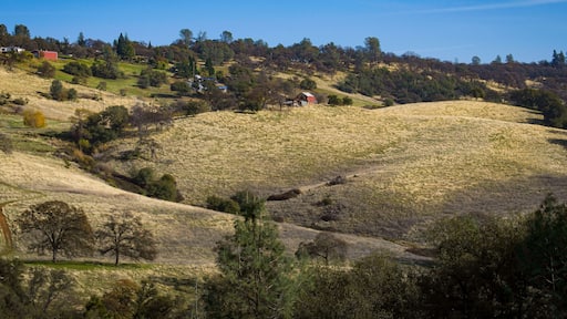 Landscape photo of hillside with red barn taken at Hidden Falls Regional Park in the Sierra Nevada Foothills.