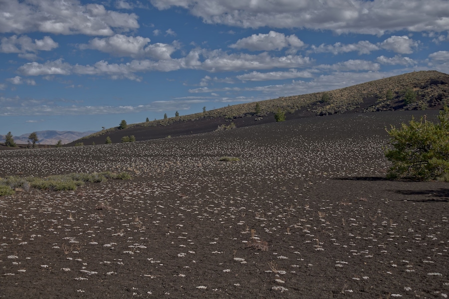 Paesaggio arido con vegetazione sparsa e catena montuosa in lontananza, sotto un cielo parzialmente nuvoloso.