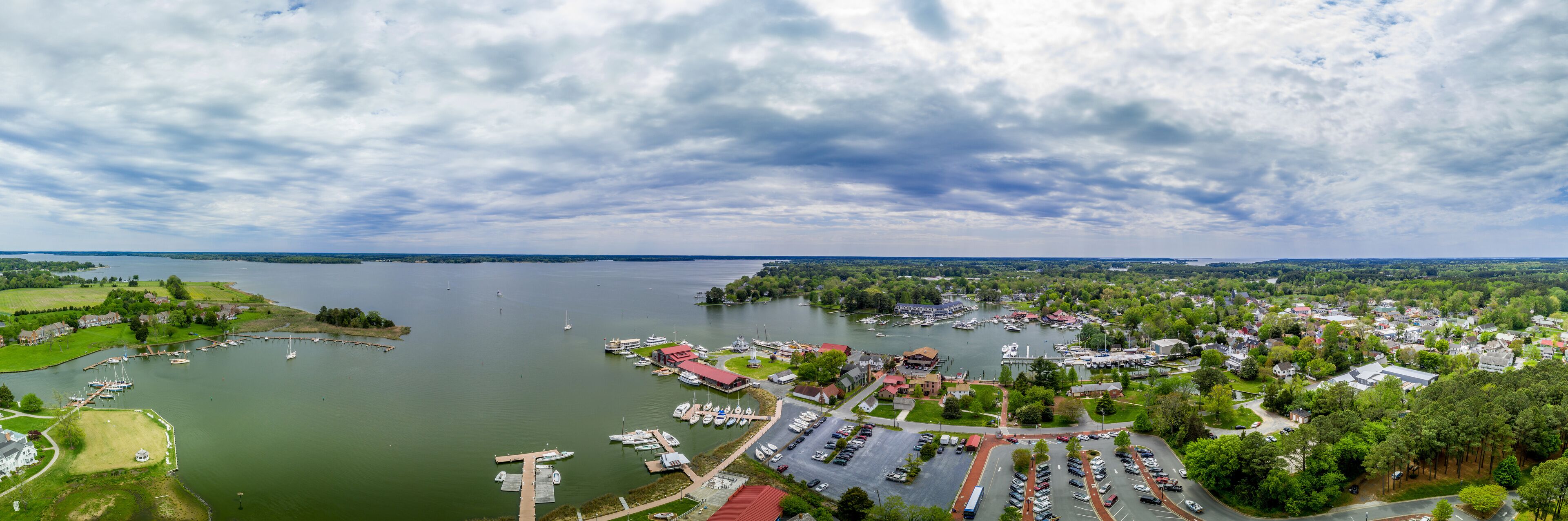 A lake with boats, a marina, and a town with houses and greenery.