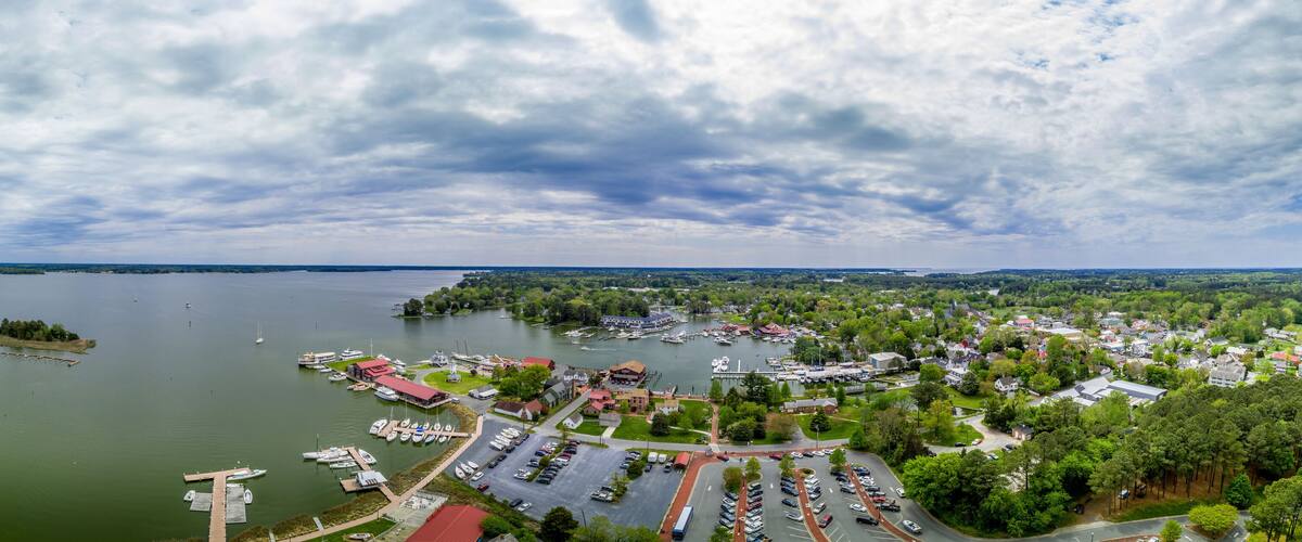 A lake with boats, a marina, and a town with houses and greenery.