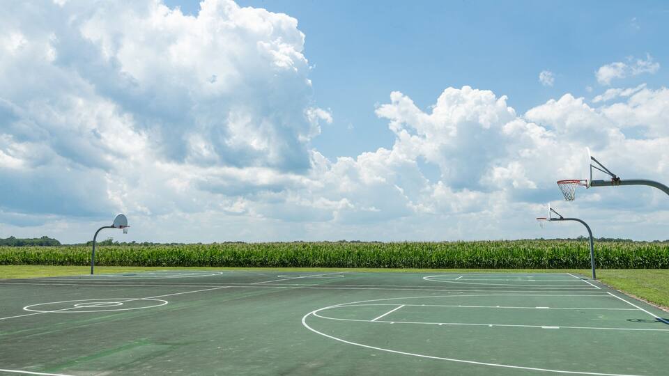 An outdoor basketball court with two hoops, surrounded by a field of crops under a partly cloudy sky.