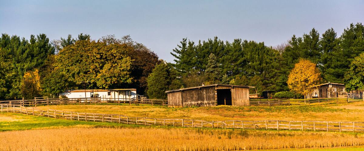 A rural landscape with a barn, a white house, and a fenced field.