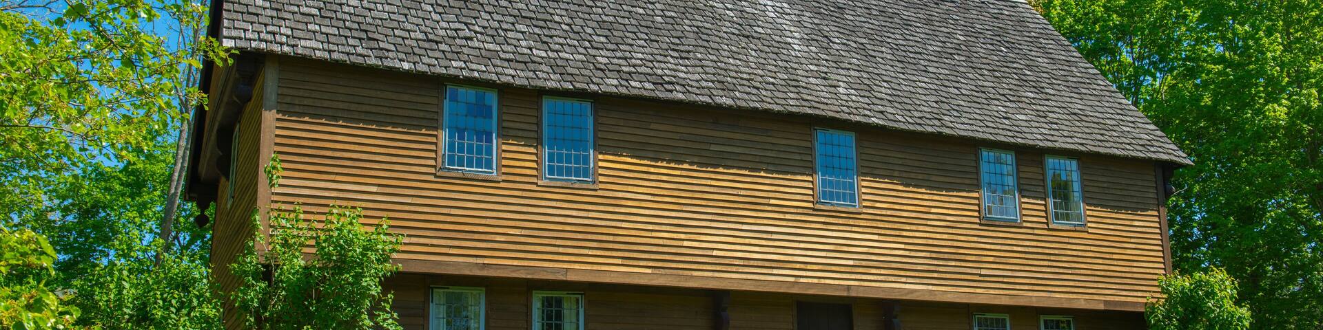 Gould Barn at 1 Howlett Street at Town Common in historic town center of Topsfield, Massachusetts MA, USA. Now this building is Topsfield Historical Society.