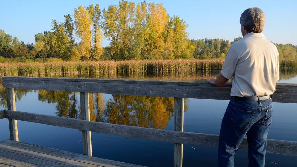 A man standing on a wooden dock overlooking a calm lake with autumn-colored trees in the background.