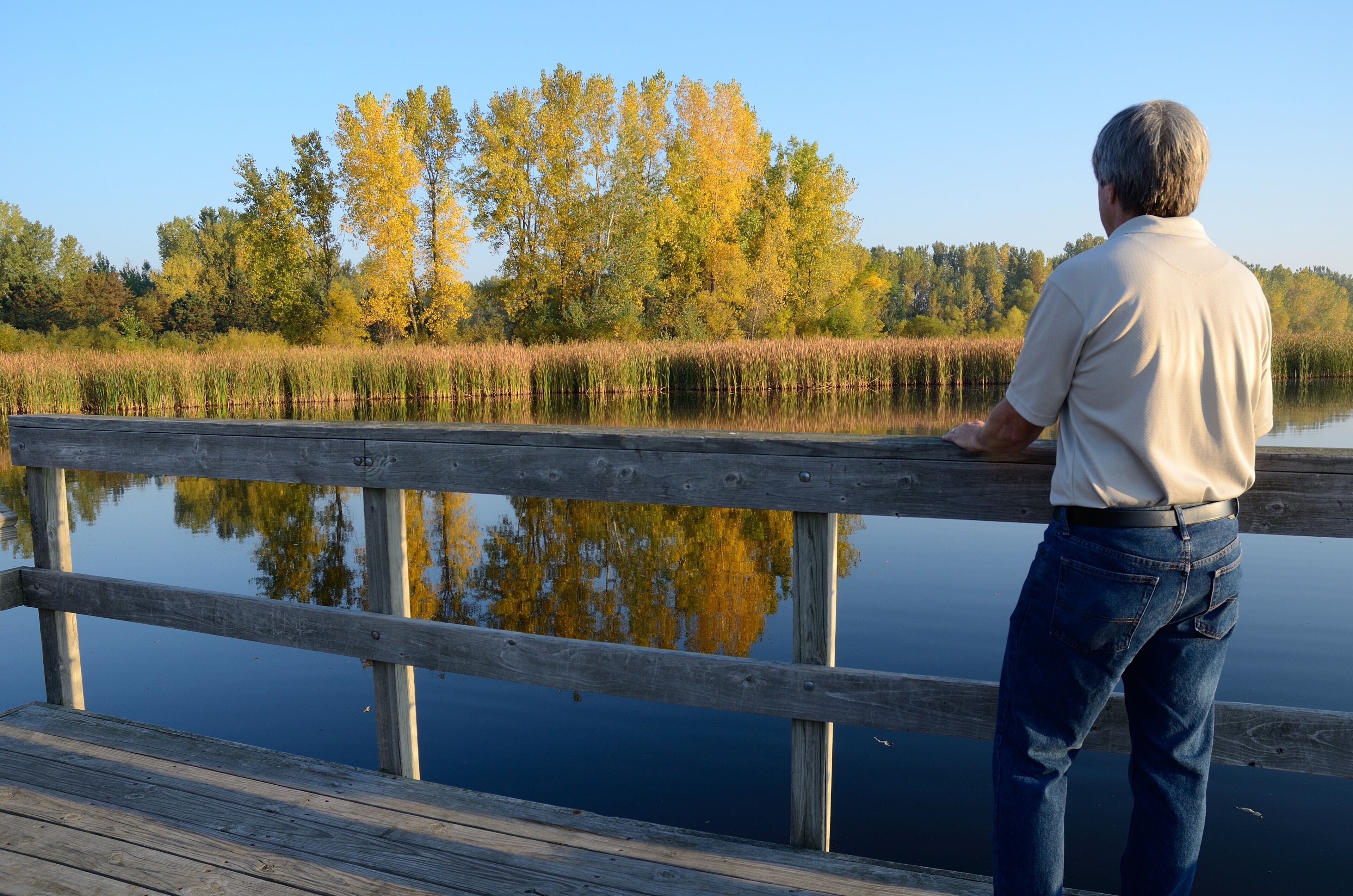 A man standing on a wooden dock overlooking a calm lake with autumn-colored trees in the background.