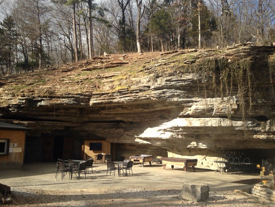The Cave Bar and Grill in Lanagan Missouri. Dine inside in an actual cave or on the patio. They have great food and cold beer
