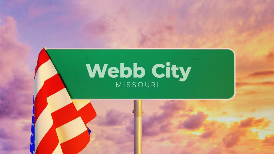 Webb City - Missouri/USA. Road or City Sign. Flag of the united states. Sunset Sky.