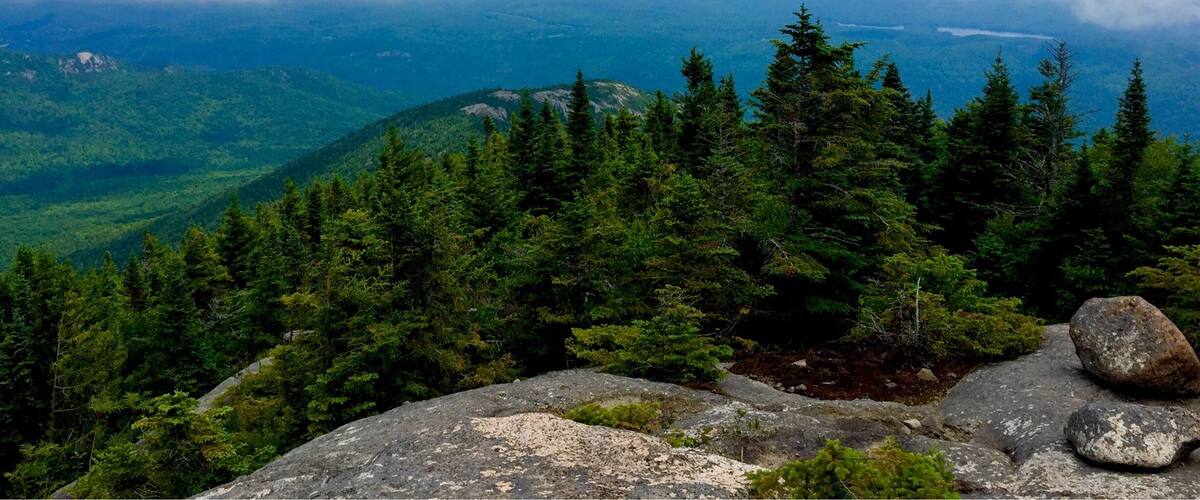 A mountainous landscape with dense coniferous forests, rocky outcrops, and a distant view of a lake under a partly cloudy sky.