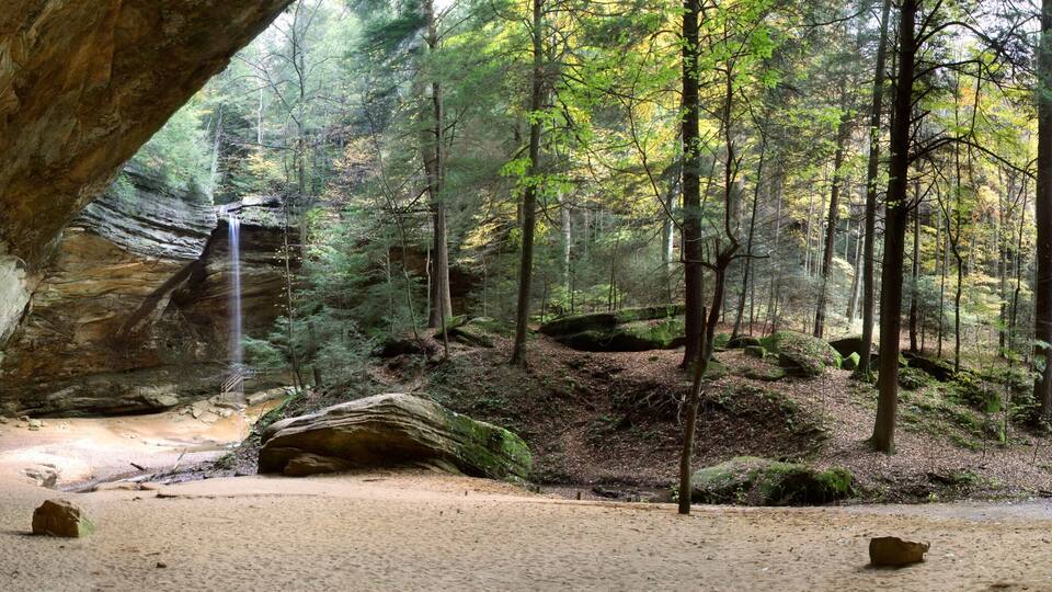 A forest with a waterfall, a sandy path, and a large rock formation.