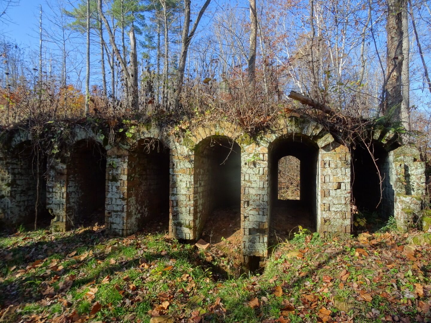 A series of stone arches in a forested area.