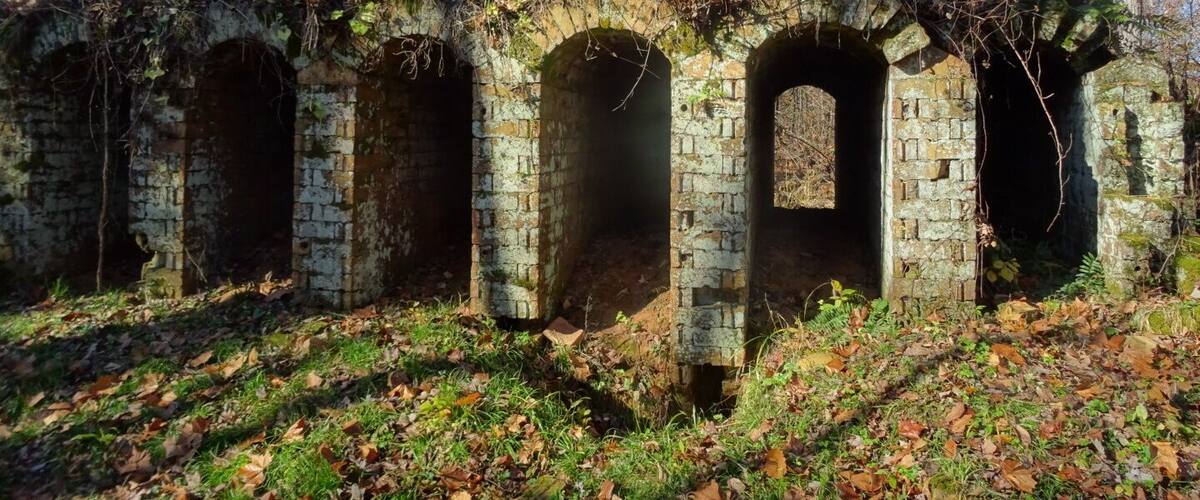 A series of stone arches in a forested area.