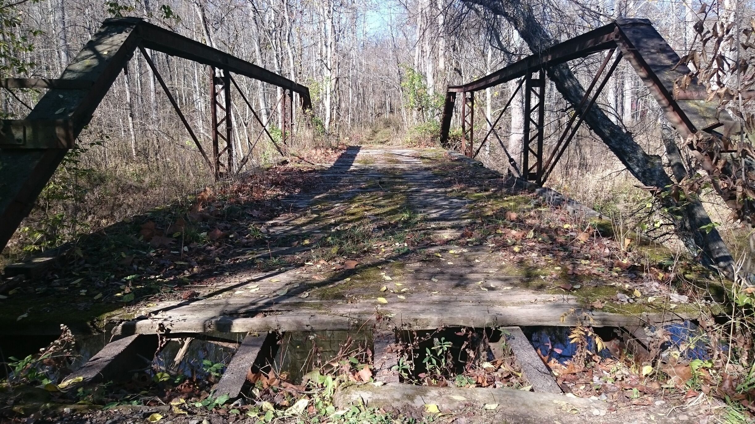 Un puente de metal oxidado en un bosque, con un sendero de tierra.