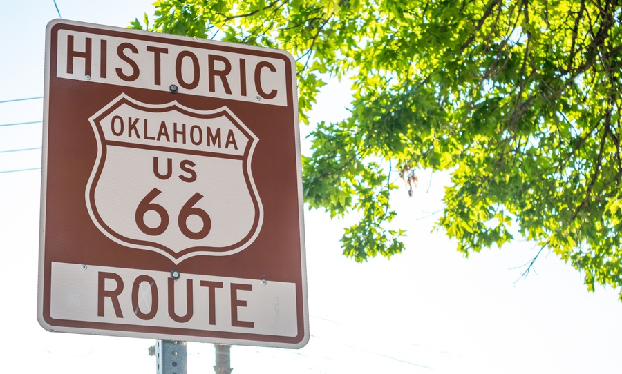 Route 66 sign inTulsa Oklahoma USA. Sunny spring day