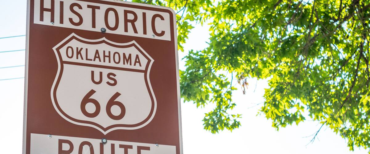 Route 66 sign inTulsa Oklahoma USA. Sunny spring day