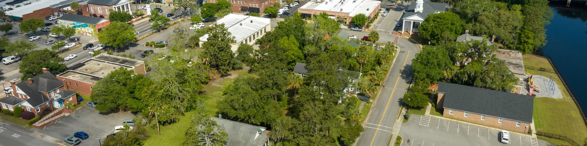Aerial view of a small town called Conway, located outside of Myrtle Beach, South Carolina.