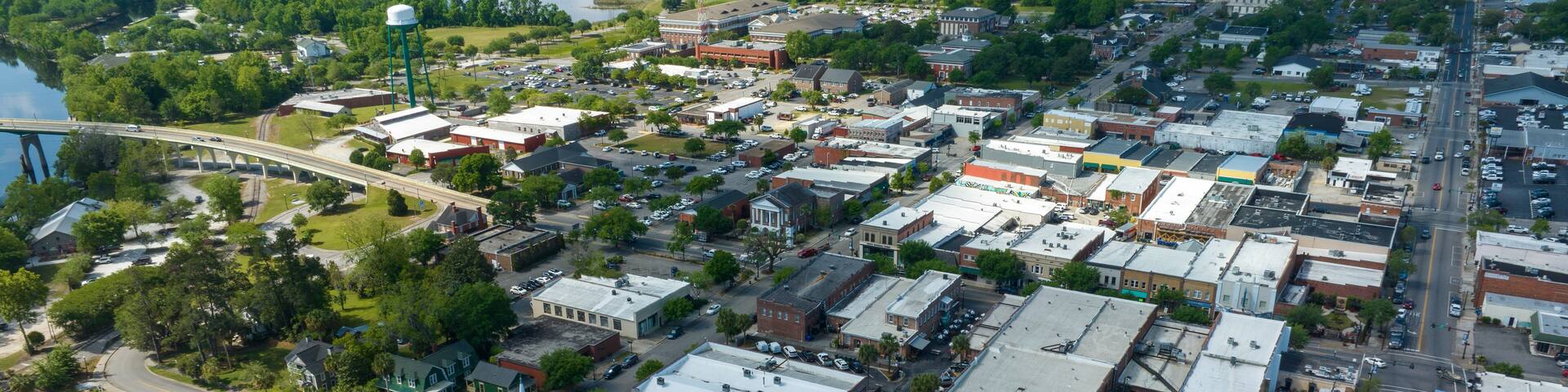 Aerial view of a small town called Conway, located outside of Myrtle Beach, South Carolina.