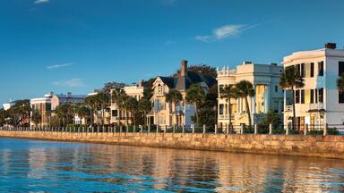 Charleston South Carolina panoramic row of old historic federal style houses on Battery Street USA