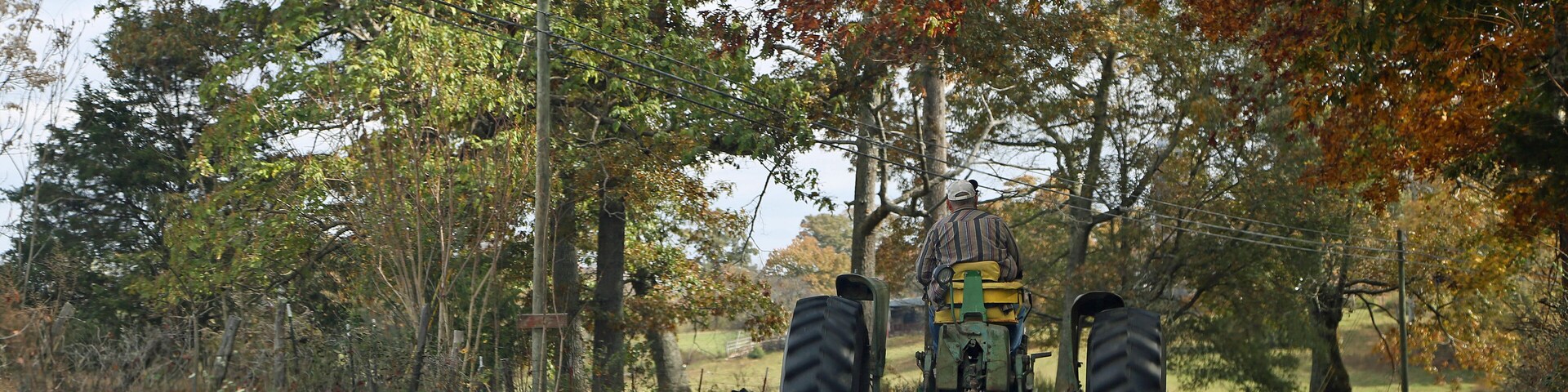 Un tractor en un camino rural rodeado de árboles con follaje otoñal.