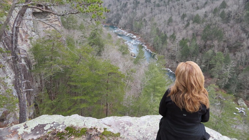 A person overlooking a river valley with dense forest and rocky terrain.