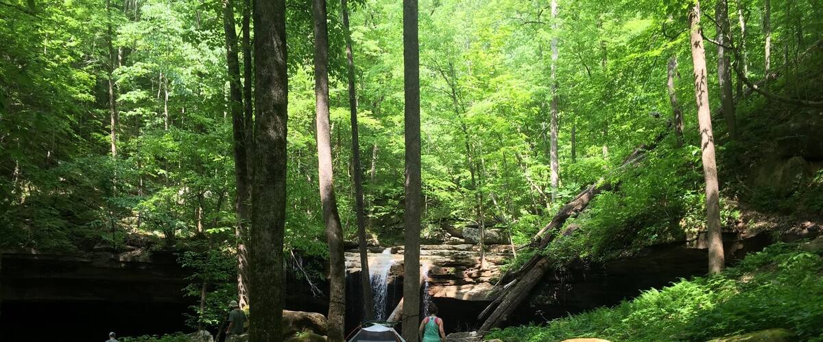 A forest with three tents and a waterfall.