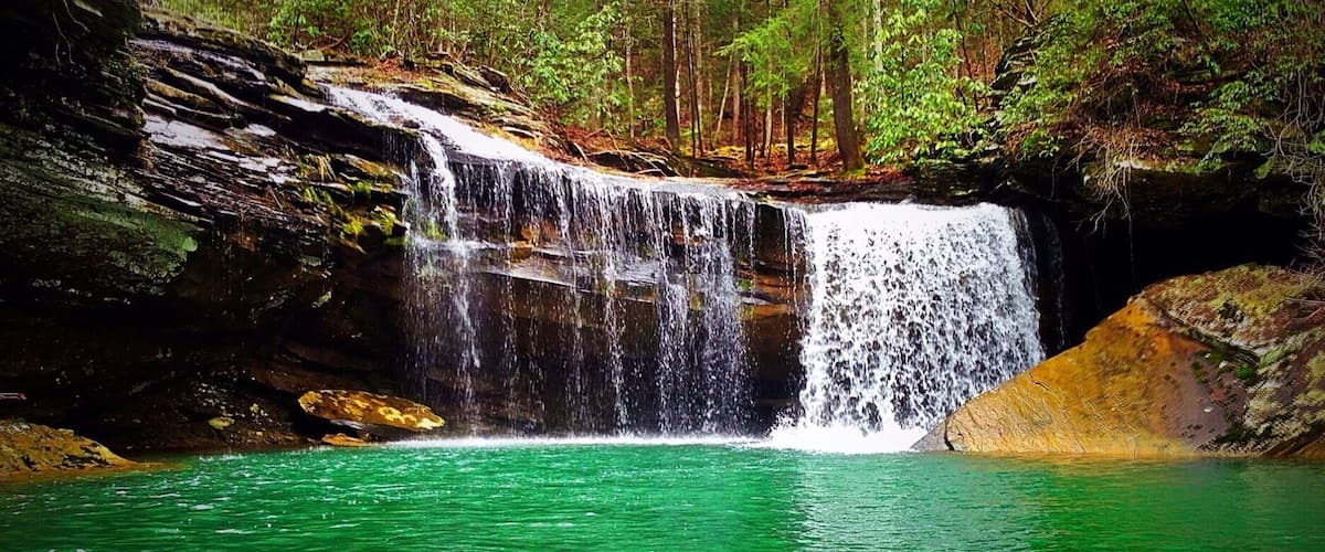 A waterfall cascading into a clear green pool surrounded by forested area.