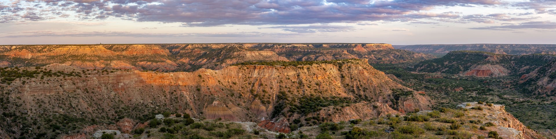 A canyon landscape with layered rock formations and sparse vegetation.