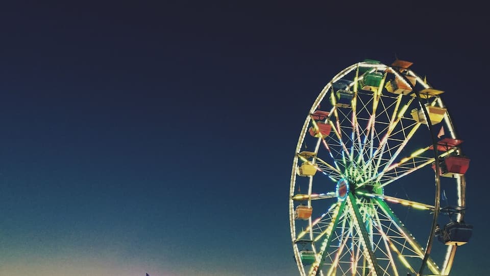 A Ferris wheel at night with colorful lights and a crowd of people.