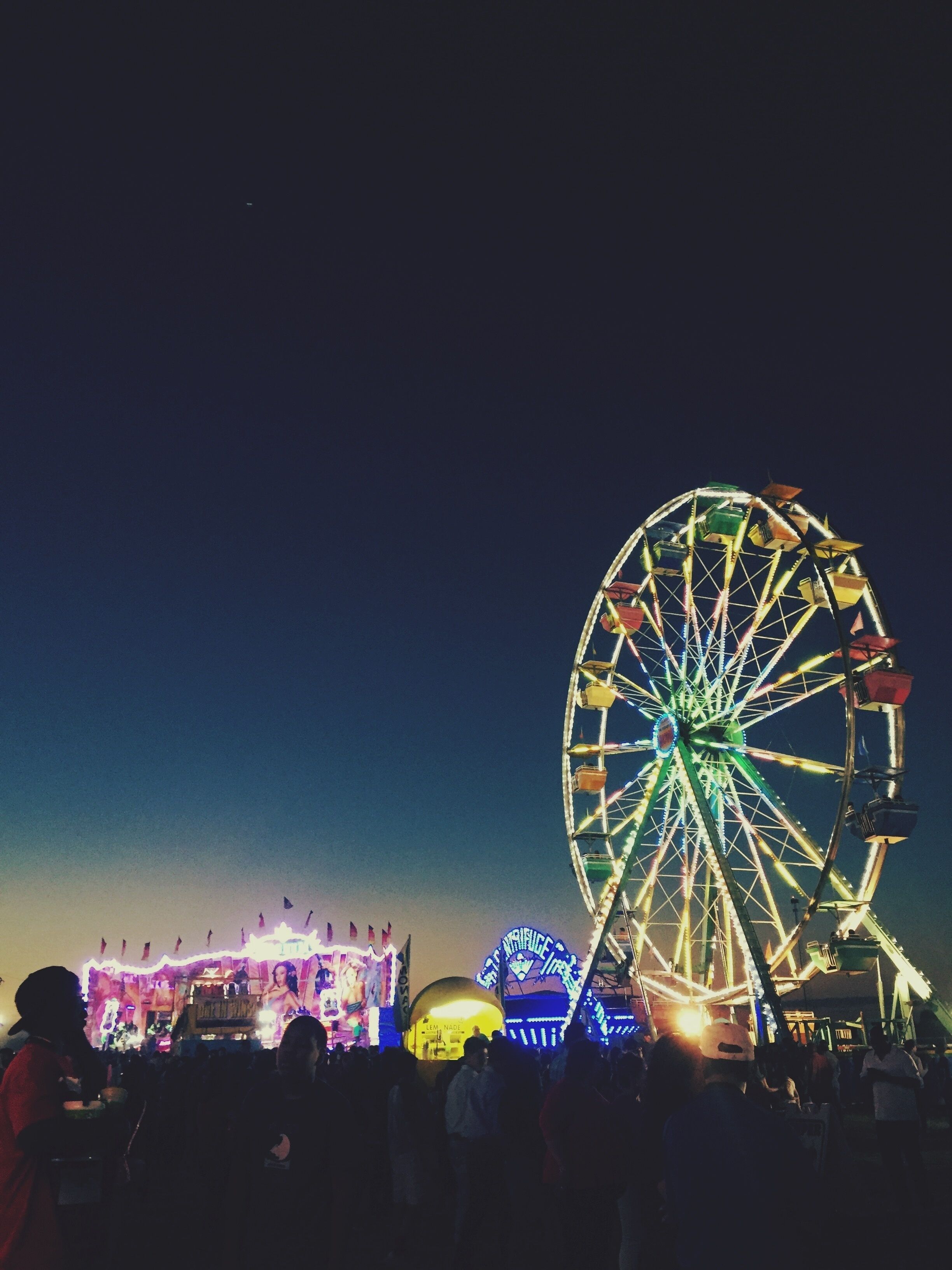 A Ferris wheel at night with colorful lights and a crowd of people.