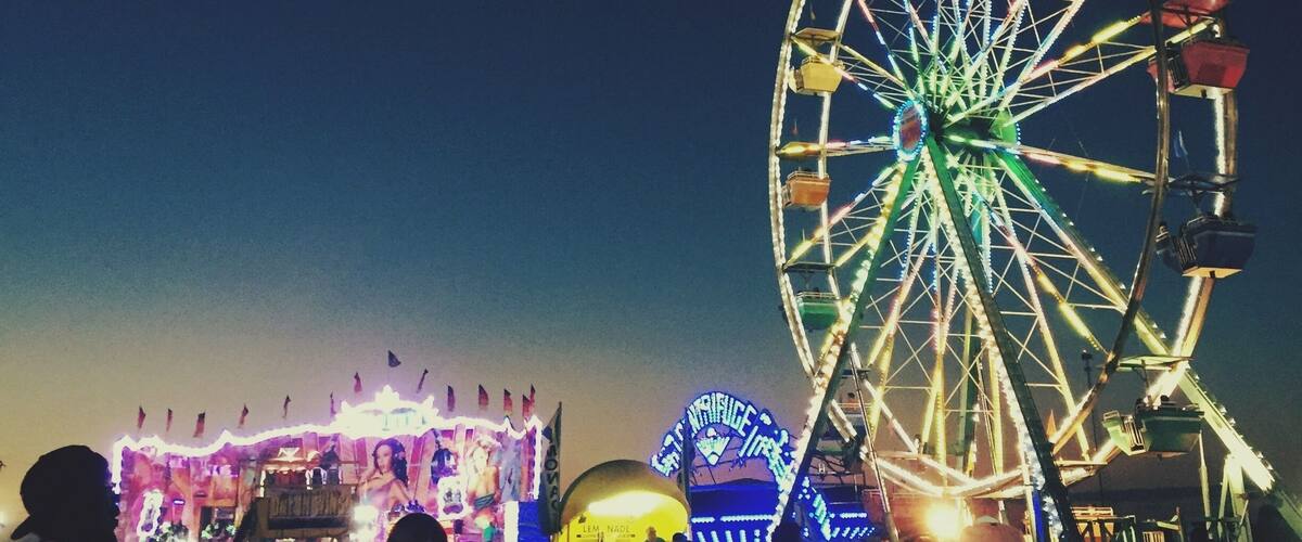 A Ferris wheel at night with colorful lights and a crowd of people.