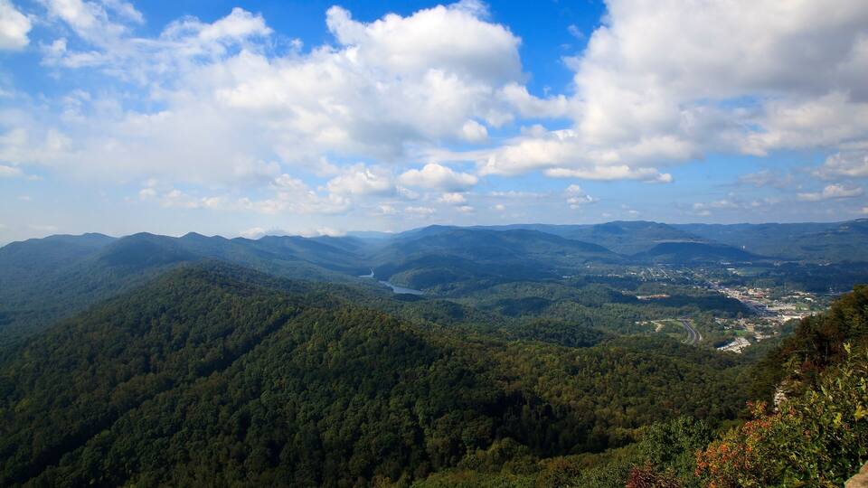 A mountainous landscape with dense forests, a winding river, and a distant town.