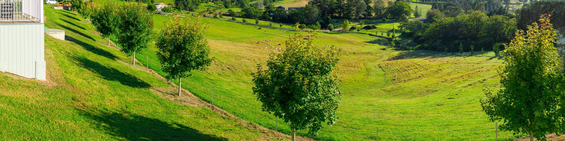 A lush green valley with rolling hills, a white building on the left, and a clear blue sky.