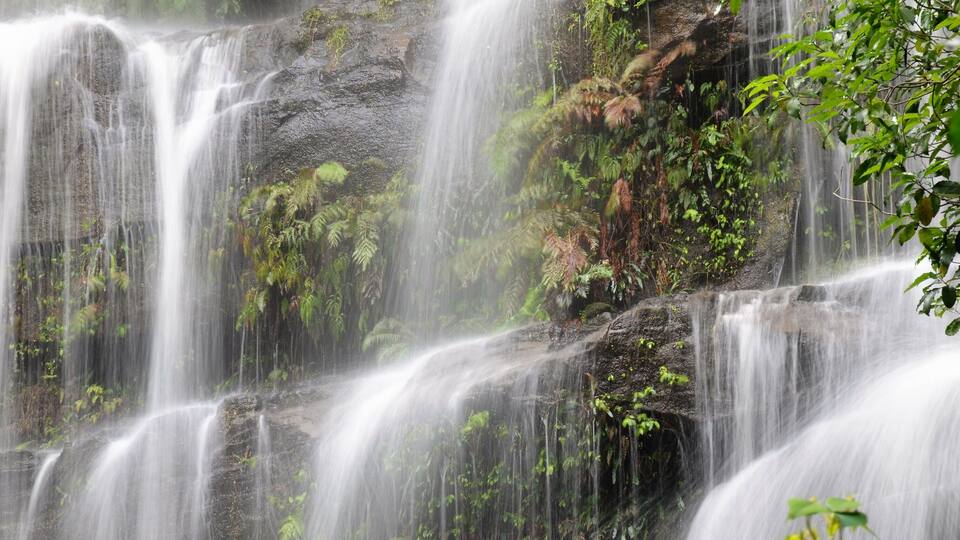 A multi-tiered waterfall surrounded by lush greenery.