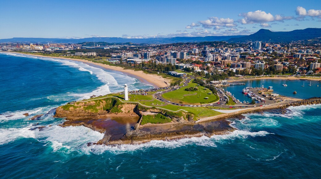 A coastal cityscape with a lighthouse, beach, and marina.