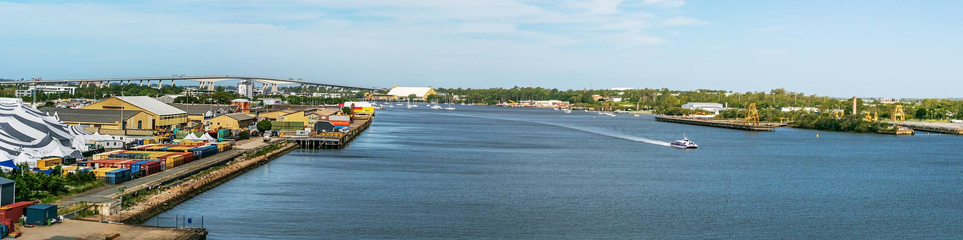 Panoramic view of the port and cruise terminal of Brisbane, Australia.