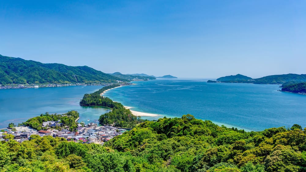 Panoramic image of Amanohashidate (Ama no hashidate) in Kyoto, Japan at daytime.