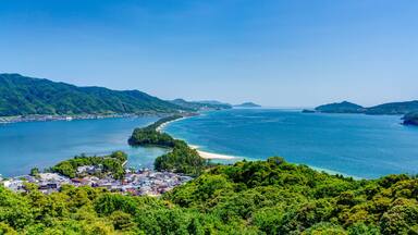 Panoramic image of Amanohashidate (Ama no hashidate) in Kyoto, Japan at daytime.