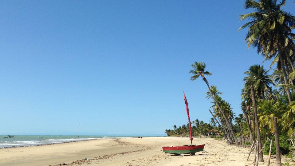A beach with a red boat, palm trees, and the ocean.