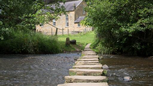 A stone bridge over a river with a house in the background.