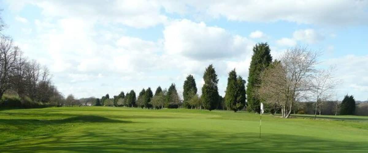 A golf course with a putting green, trees, and a partly cloudy sky.