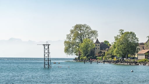 Panorama du rivage de Saint-Prex avec son plongeoir emblématique et des pontons sur le lac Léman, Suisse