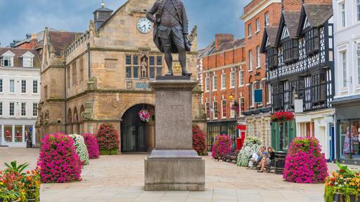 Una estatua histórica en una plaza de pueblo, rodeada de edificios y arreglos florales.