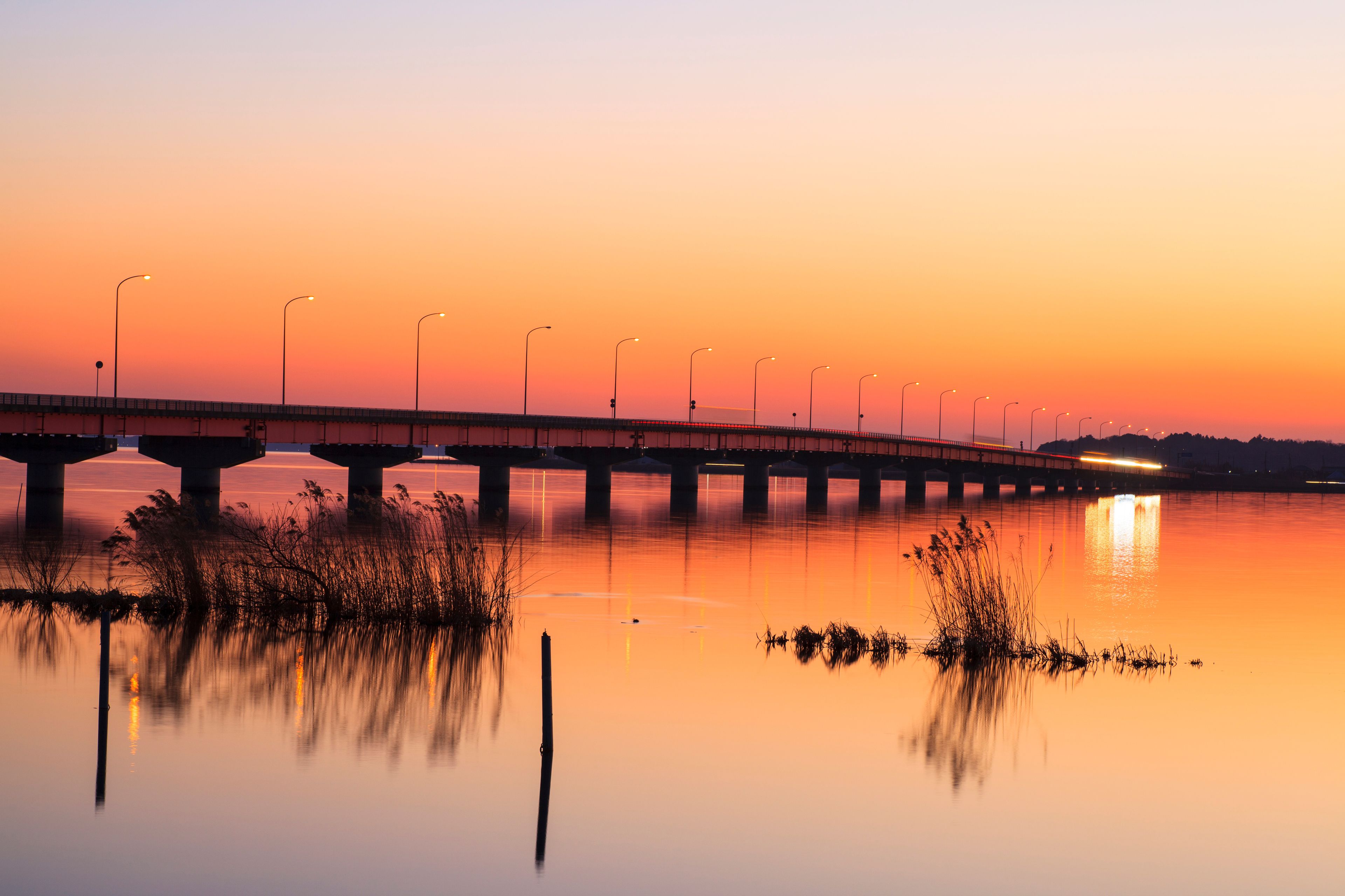 A bridge over a calm river at sunset with streetlights and vegetation in the foreground.