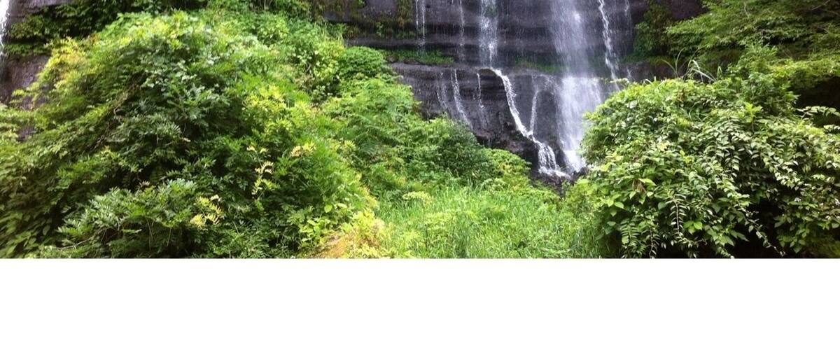 A multi-tiered waterfall surrounded by lush greenery.