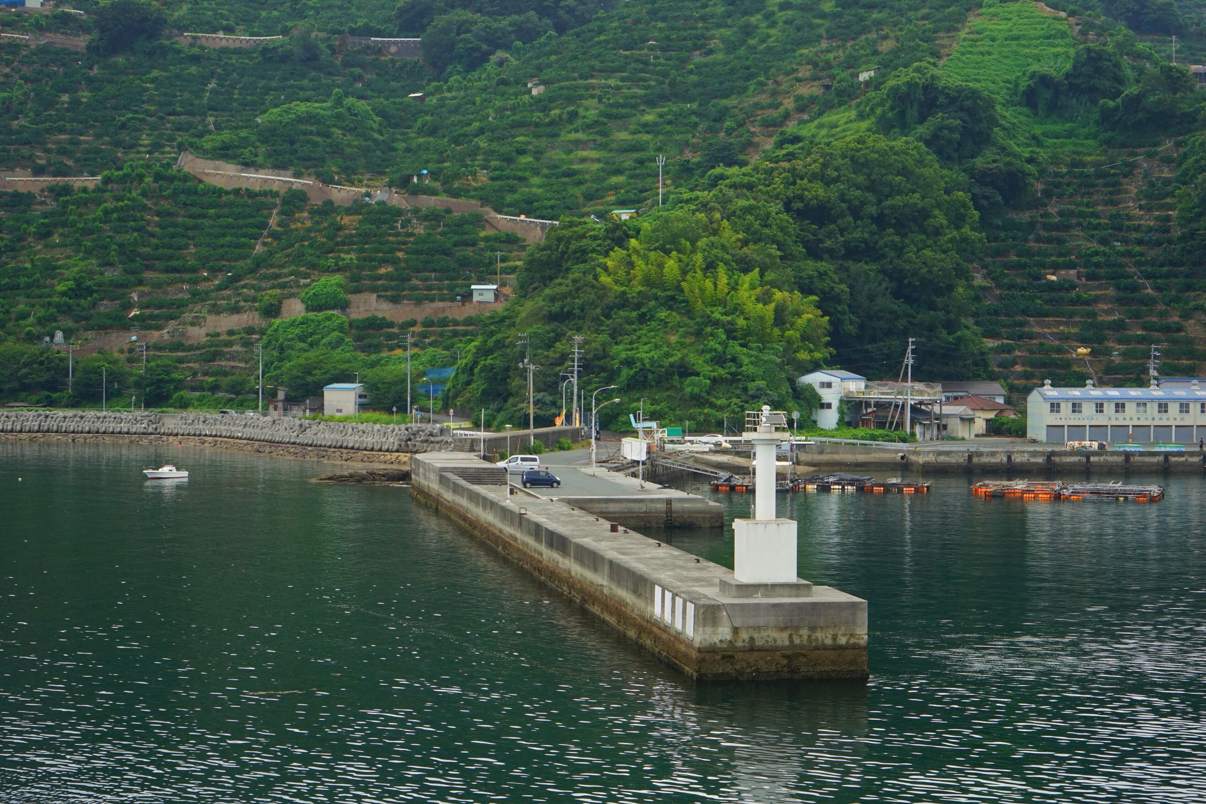 A harbor with a concrete pier, a small boat, and a hillside with terraced fields.