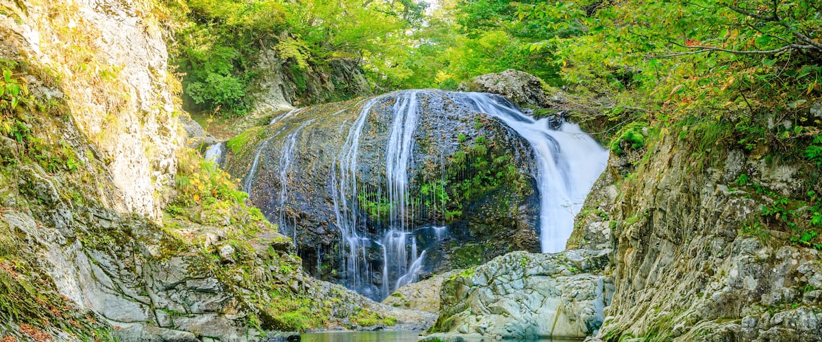 A waterfall cascading over rocks into a pool surrounded by lush greenery.