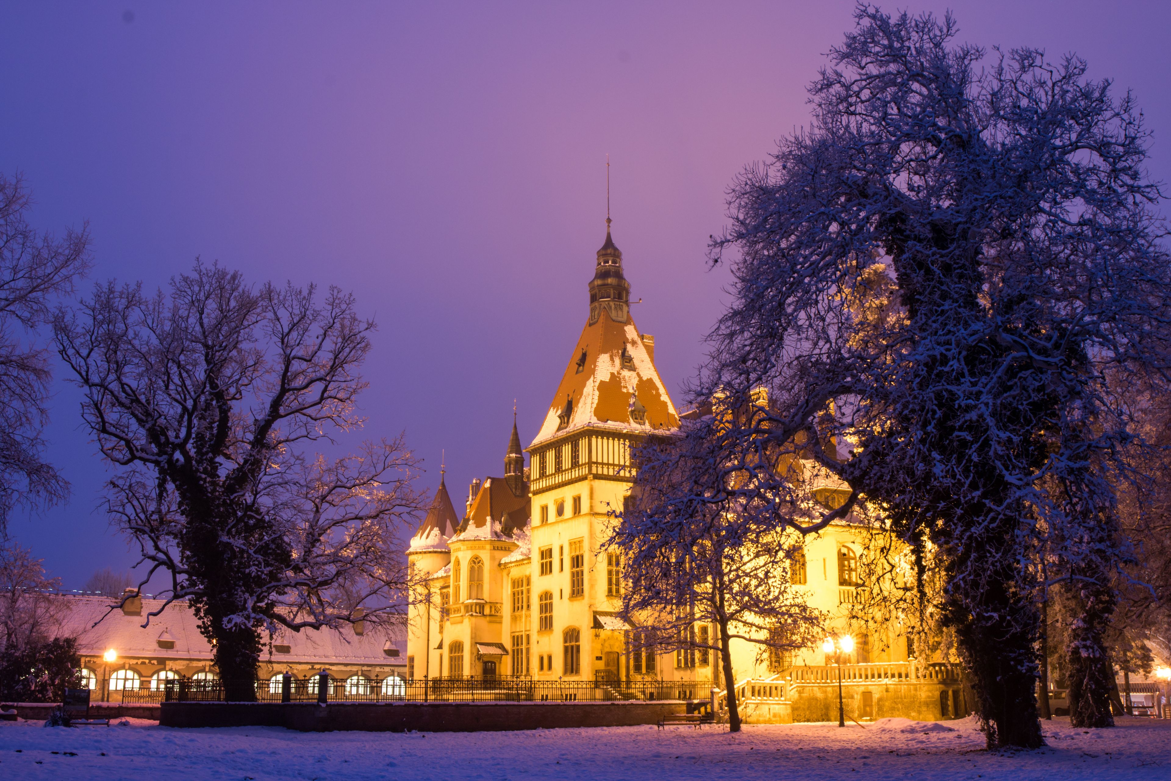 Donji Miholjac, Croatia, 12.2018. - Illuminated Mailath castle under the snow photographed in blue hour